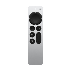 Apple TV Remote, front. Large circular, touch-enabled clickpad, and raised buttons.