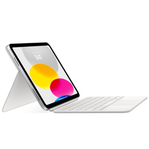 Pohled zezadu na Magic Keyboard Folio. Je vidět zadní panel s nastavitelným stojánkem v úhlu na prohlížení obsahu. Je připojená klávesnice.