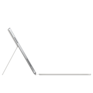 Side profile view of iPad connected to Magic Keyboard Folio showing the back panel with adjustable stand.