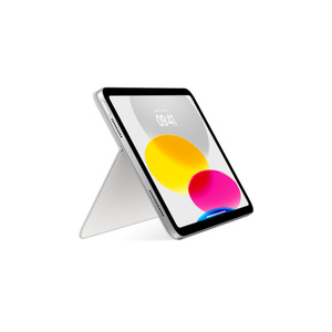 Vista posteriore di una Magic Keyboard Folio; in evidenza il pannello posteriore collegato alla tastiera e con il supporto regolabile alzato per guardare contenuti.