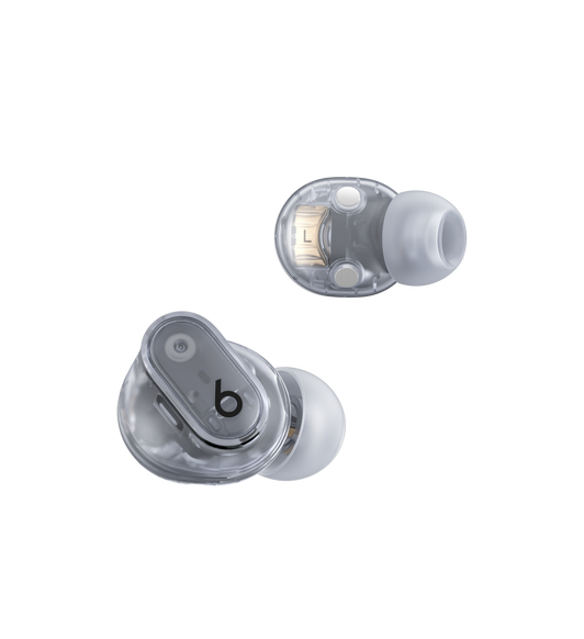 Vue des Beats Studio Buds + montrant les commandes sur l’écouteur qui permettent de gérer appels et musique. 