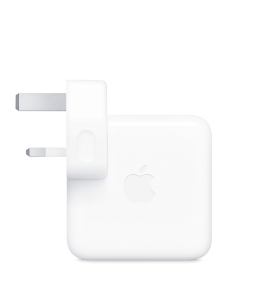 محول طاقة، مربع الشكل، زوايا مدورة، لون أبيض، شعار Apple في الوسط