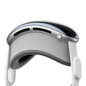 Assembled, Light Seal and Light Seal Cushion attached to Apple Vision Pro Aluminium Enclosure with audio strap connected