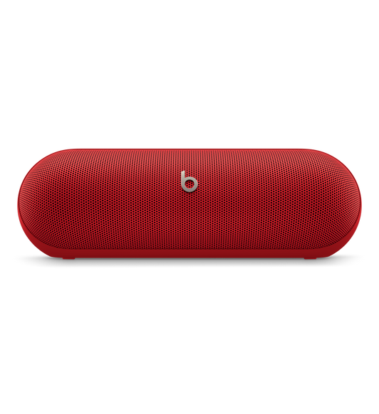 Vista frontal del altavoz Beats Pill con Bluetooth® en color rojo fuego, que está inclinado 20 grados hacia arriba para un sonido óptimo.
