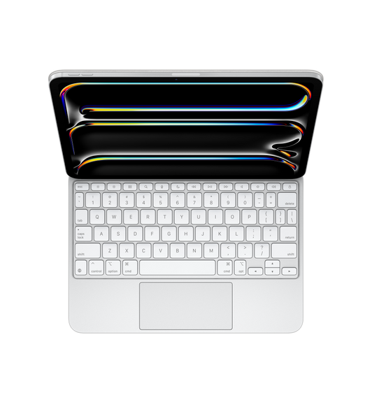 iPad Pro attached to Magic Keyboard, White, white keys with grey text, inverted T arrow keys, function key row, built-in trackpad