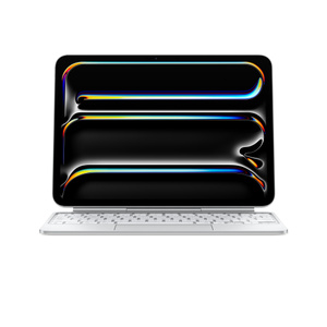 iPad Pro ansluten till Magic Keyboard i horisontellt läge, iPad Pro hänger över tangenterna, vit
