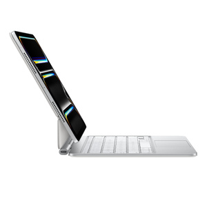 Back exterior, White, camera cutout, charging port near the folding area, Apple logo in the center