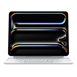iPad Pro připnutý k Magic Keyboardu v orientaci na šířku, iPad Pro visí nad klávesami, bílý