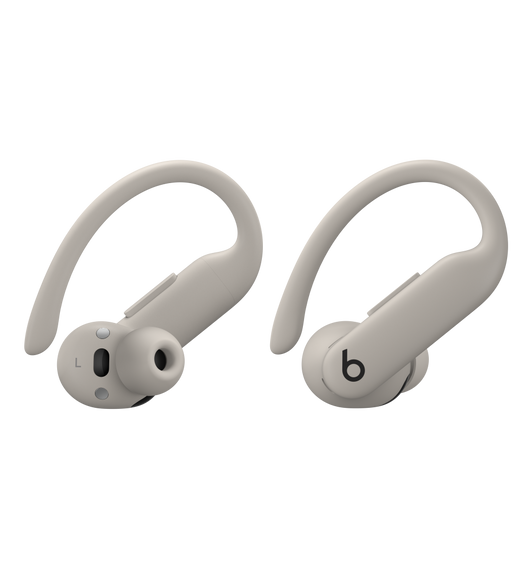 Powerbeats Pro 2 wireless earbuds in Quick Sand, with flexible secure-fit ear hooks, on-ear buttons and tactile volume rockers.