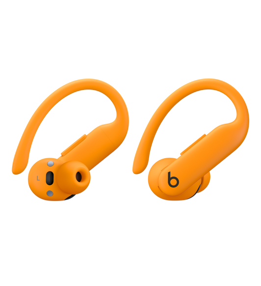Auriculares inalámbricos Powerbeats Pro 2 en color naranja con sistema de enganche flexible y de ajuste preciso, botones integrados y controles táctiles de volumen.