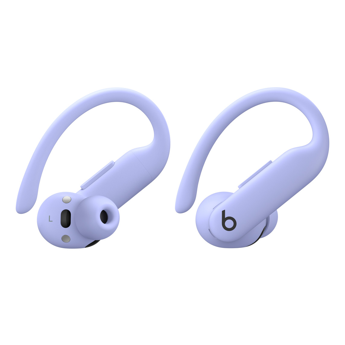 Un paio di auricolari Powerbeats Pro 2 wireless ultraviola, si notano i supporti di sicurezza flessibili, i pulsanti integrati e i regolatori tattili del volume.