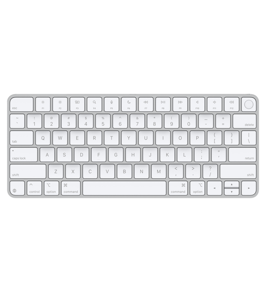 Magic Keyboard mit Touch ID, weiße Tasten, Aluminiumgehäuse in Silber, runder Touch ID Sensor, Funktionstasten in voller Größe, Pfeiltasten in halber Größe