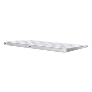 Magic Keyboard s Touch ID, zadní strana s vypínačem a USB-C nabíjecím portem, bílé klávesy, konstrukce ze stříbrného hliníku, kulatý snímač Touch ID, funkční klávesy plné výšky, klávesy se šipkami nahoru a dolů poloviční výšky