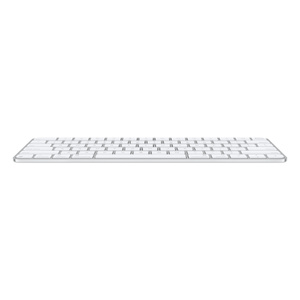 Magic Keyboard med Touch ID, viser hvor tynt det er forfra, hvite taster, utførelse av aluminium i sølv, funksjonstaster i full høyde og opp/ned-piltaster i halv høyde
