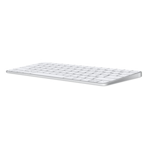 Magic Keyboard Touch ID:llä, valkoiset näppäimet, hopeanvärinen alumiinirunko, viisto näkymä näyttää näppäimistön kevyen kaltevuuden
