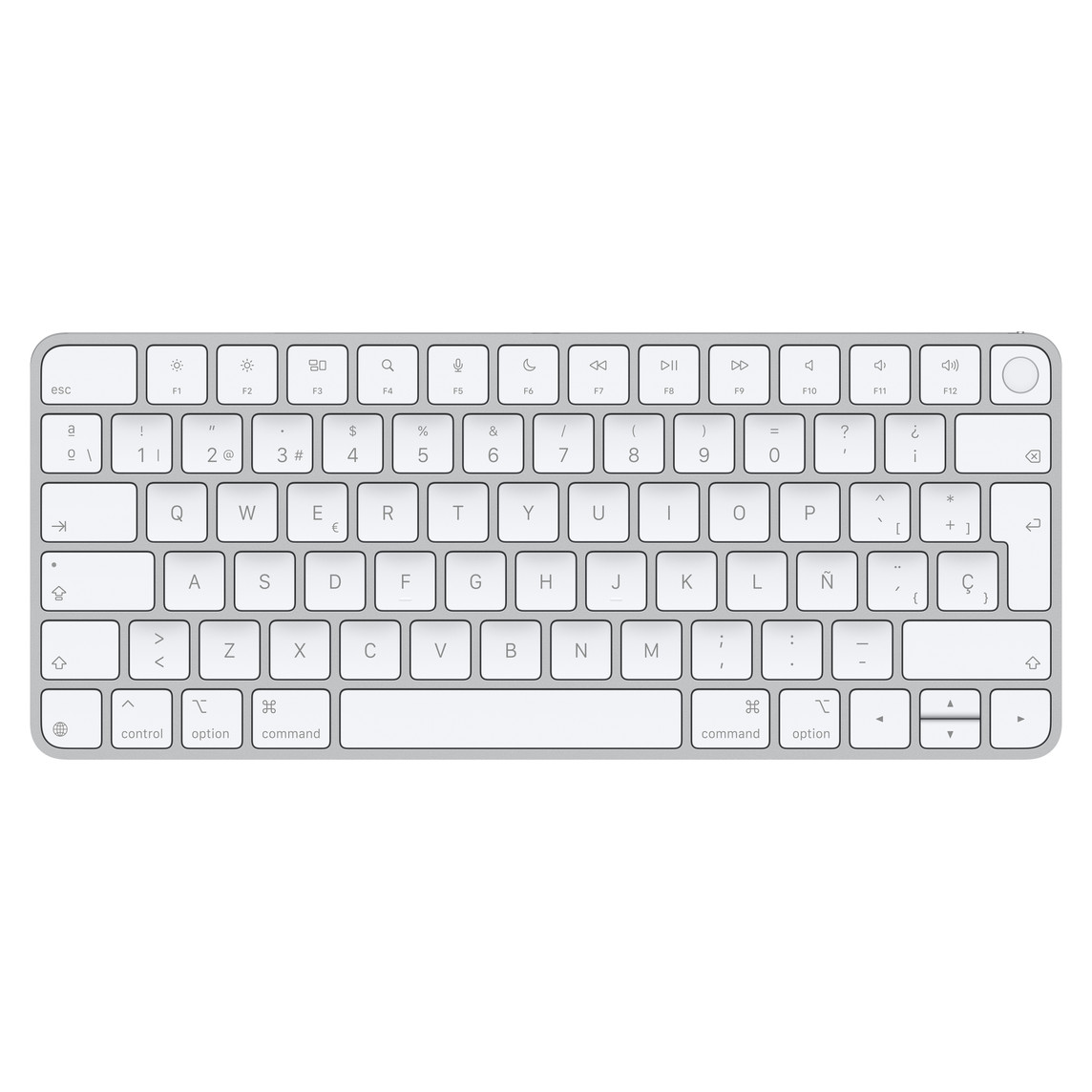 Magic Keyboard con teclas blancas, estructura de aluminio color plata, teclas de función de tamaño estándar y teclas de flecha arriba y abajo medianas