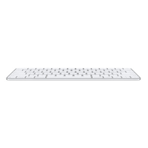 Magic Keyboard sett framifrån så att man ser hur tunt det är, aluminiumstruktur med silverfinish, funktions­tangenter i full höjd, upp- och ned-tangenter i halv höjd