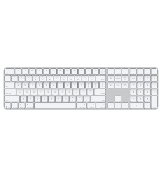 Magic Keyboard with Touch ID and Numeric Keypad, whitekeys, silver aluminium structure, round Touch ID sensor, full-height function keys