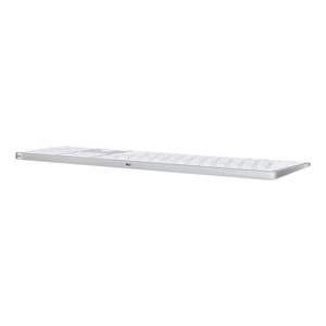 Magic Keyboard med Touch ID og numeriske taster vist bagfra, med afbryderknap, USB-C-port til opladning, hvide taster, sølvfarvet aluminiumstruktur og rund Touch ID-sensor