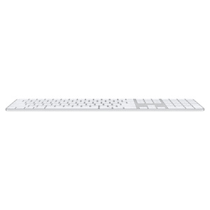 Magic Keyboard med Touch ID och numerisk del, sett framifrån som visar hur tunt det är, vita tangenter, aluminiumstruktur med silverfinish, rund Touch ID-sensor, funktions­tangenter i full höjd