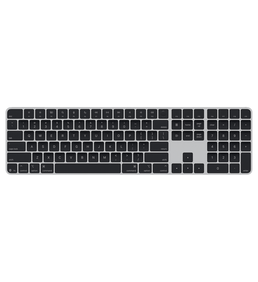Magic Keyboard con Touch ID y teclado numérico, teclas negras, estructura de aluminio en plata, sensor Touch ID redondo, teclas de función de tamaño completo