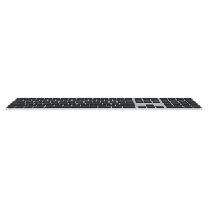 Magic Keyboard พร้อม Touch ID และปุ่มตัวเลข ด้านหน้าของ Magic Keyboard แสดงความบางเฉียบของแป้นพิมพ์ ปุ่มสีดำ โครงสร้างอะลูมิเนียมสีเงิน เซ็นเซอร์ Touch ID ทรงกลม แถวปุ่มฟังก์ชั่นความสูงมาตรฐาน