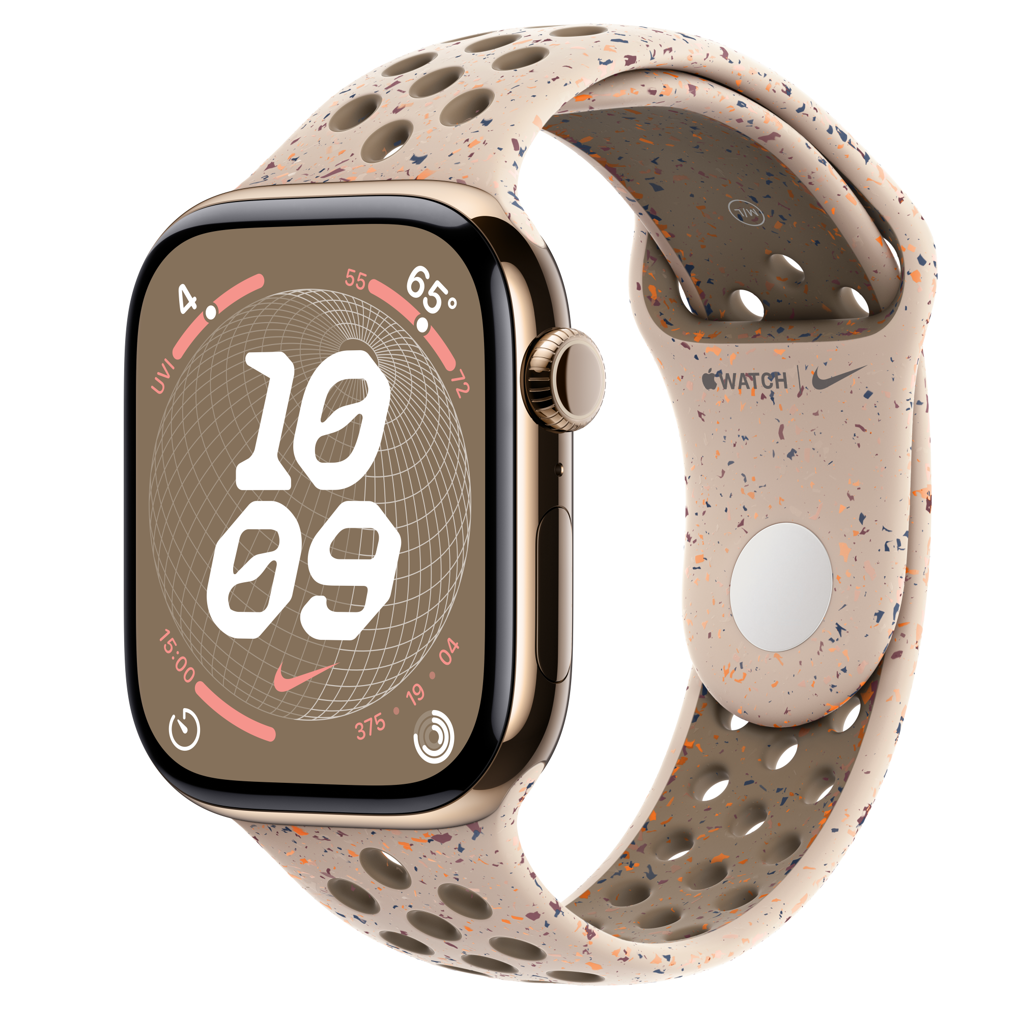 Apple Watch Series 10 GPS + Cellular, 46 mm-es aranyszínű titántok, sivatagi kő Nike sportszíj – M/L