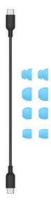 USB‑C-naar-USB‑C-oplaadkabel en oortips in vier maten.