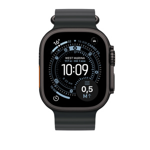 Pulseira Oceano preta, mostrando a caixa de 49 mm, o botão lateral e a Digital Crown do Apple Watch.