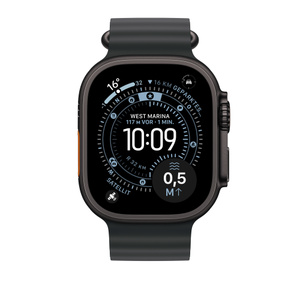 Ocean Armband in Schwarz und eine Apple Watch mit 49 mm Gehäuse, Seiten­taste und Digital Crown