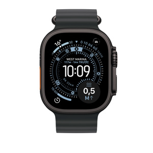 Dây Đeo Ocean màu Đen được thể hiện cùng Apple Watch với vỏ 49mm, nút sườn và Digital Crown