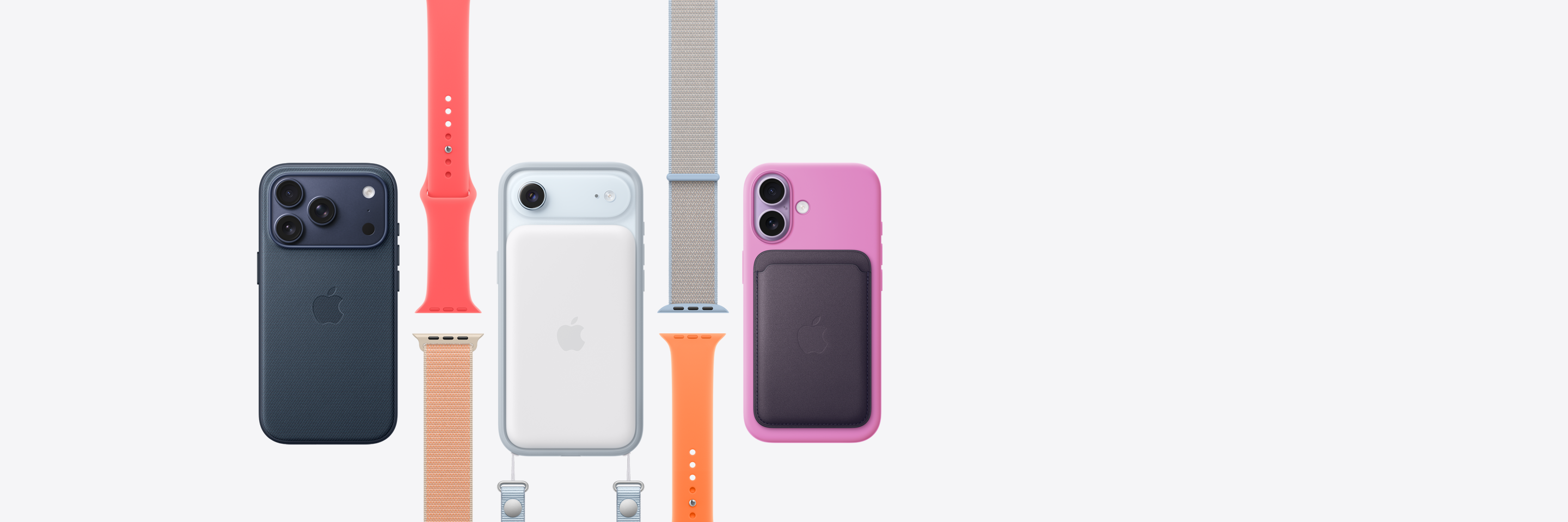 Apple accessories: blue color TechWoven Case attached to matching iPhone 17 Pro, bright guava color (hot pink) Sport Band, cantaloupe color (pale orange) Sport Loop, sky blue color iPhone Air Bumper with sky blue color CrossBody Strap and iPhone Air MagSafe Battery attached to matching iPhone Air, blue mist color (light gray blue) Sport Loop, clementine color (bright orange) Sport Band, electric lavender color Silicone Case and midnight purple color FineWoven MagSafe Wallet attached to iPhone 17