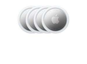 AirTag, 4-pack, circular shape, white color ring around outer edge, front exterior, reflective silver color material, Apple logo centered, etching around inner edge reads: AirTag - FIND MY - NFC - BLUETOOTH LE - ULTRA WIDEBAND - IP67 - APPLE INC.