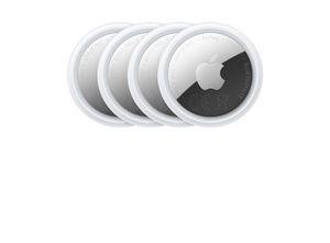 AirTag, 4-pack, circular shape, white colour ring around outer edge, front exterior, reflective silver colour material, Apple logo centred, etching around inner edge reads: AirTag - FIND MY - NFC - BLUETOOTH LE - CE, WEEE - UWB - IP67 - APPLE INC.