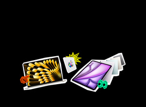 MacBook Air, iPad Air, and Apple Gift Card with multi-color Apple logo; stickers: red pointing finger, green eyes, yellow starburst