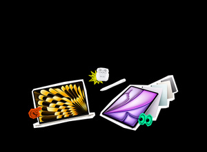 MacBook Air, iPad Air, and Apple Gift Card with multi-color Apple logo; stickers: red pointing finger, green eyes, yellow starburst