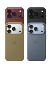 iPhone 18 Pro accessories: iPhone 18 Pro TechWoven Case in burgundy color (dark red), iPhone 18 Pro Silicone Case in black color, iPhone 18 Pro Silicone Case in olive color (medium green), iPhone 18 Pro TechWoven Case in chambray blue color (medium blue), iPhone 18 Pro visible through camera cutout