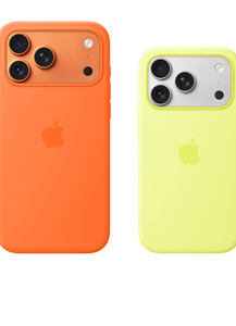 iPhone 17 Pro Max Silicone Case with MagSafe in orange colour, back exterior, embedded Apple logo in centre, attached to iPhone 17 Pro Max in cosmic orange colour, visible through camera cut out. iPhone 17 Pro Silicone Case with MagSafe in neon yellow colour, back exterior, embedded Apple logo in centre, attached to iPhone 17 Pro in silver colour, visible through camera cut out