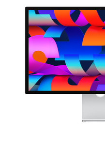 Studio Display, rectangular screen, standard glass, low reflectivity, thin black bezels, silver colour stand