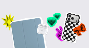 Back to School accessories: iPad Smart Folio case, blue colour; AirPods 4 Charging Case, white colour, open lid, AirPods 4 wireless headphones inside; iPhone in chessboard case, back exterior; stickers: yellow starburst, green double hearts, purple hand peace sign, red megaphone