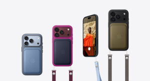 iPhone Accessories: FineWoven MagSafe Wallet in wildflower blue color (grayish-blue) attached to iPhone 18 Pro Silicone Case with MagSafe in chambray blue color (medium blue), iPhone 18 Pro in glacier color (light blue) visible through camera cutout . FineWoven MagSafe Wallet in navy color and Crossbody Strap in burgundy color (dark red) attached to iPhone 18 Pro Silicone Case with MagSafe in magenta color (medium purplish-red), iPhone 18 Pro in burgundy color (dark red) visible through camera cutout . Wrist Strap in crisp blue color (light blue), attached at bottom right of iPhone 18 Pro Silicone Case in navy blue color, iPhone 18 Pro front exterior visible. FineWoven MagSafe Wallet in olive color (medium green) and Crossbody Strap in light gray color attached to iPhone 18 Pro Silicone Case with MagSafe in black color, iPhone 18 Pro in black color visible through camera cutout