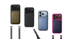 iPhone Accessories: FineWoven MagSafe Wallet in wildflower blue color (grayish-blue) attached to iPhone 18 Pro Silicone Case with MagSafe in chambray blue color (medium blue), iPhone 18 Pro in glacier color (light blue) visible through camera cutout . FineWoven MagSafe Wallet in navy color and Crossbody Strap in burgundy color (dark red) attached to iPhone 18 Pro Silicone Case with MagSafe in magenta color (medium purplish-red), iPhone 18 Pro in burgundy color (dark red) visible through camera cutout . Wrist Strap in crisp blue color (light blue), attached at bottom right of iPhone 18 Pro Silicone Case in navy blue color, iPhone 18 Pro front exterior visible. FineWoven MagSafe Wallet in olive color (medium green) and Crossbody Strap in light gray color attached to iPhone 18 Pro Silicone Case with MagSafe in black color, iPhone 18 Pro in black color visible through camera cutout