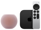 Produits Apple Home : HomePod mini 2, coloris rose, tissu mesh et Apple TV 4K avec télécommande Siri Remote