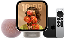 Apple Home products: HomePod mini 2, pink colour, mesh fabric and Apple TV 4K with Siri Remote