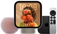 Apple Home products: HomePod mini 2, pink colour, mesh fabric and Apple TV 4K with Siri Remote