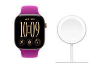 Apple Watch Series 12, cassa in alluminio oro chiaro, display edge-to-edge, con cinturino Sport magenta; con un cavo magnetico per la ricarica rapida di Apple Watch, connettore magnetico circolare, cavo intrecciato, colore bianco