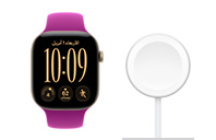 ساعة Apple Watch Series 12، إطار ألومنيوم، لون ذهبي فاتح، شاشة تغطي الواجهة بالكامل، متصلة بحزام رياضي، لون ماجنتي؛ مع شاحن Apple Watch المغناطيسي السريع، موصل مغناطيسي دائري، كابل محبوك، لون أبيض