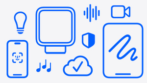 Personal setup. Apple Home devices, accessories and features: HomePod, smart light, Apple HomeView, living room setup, Siri Remote, USB-C cable, audio intelligence, HomePod mini, Apple Music
