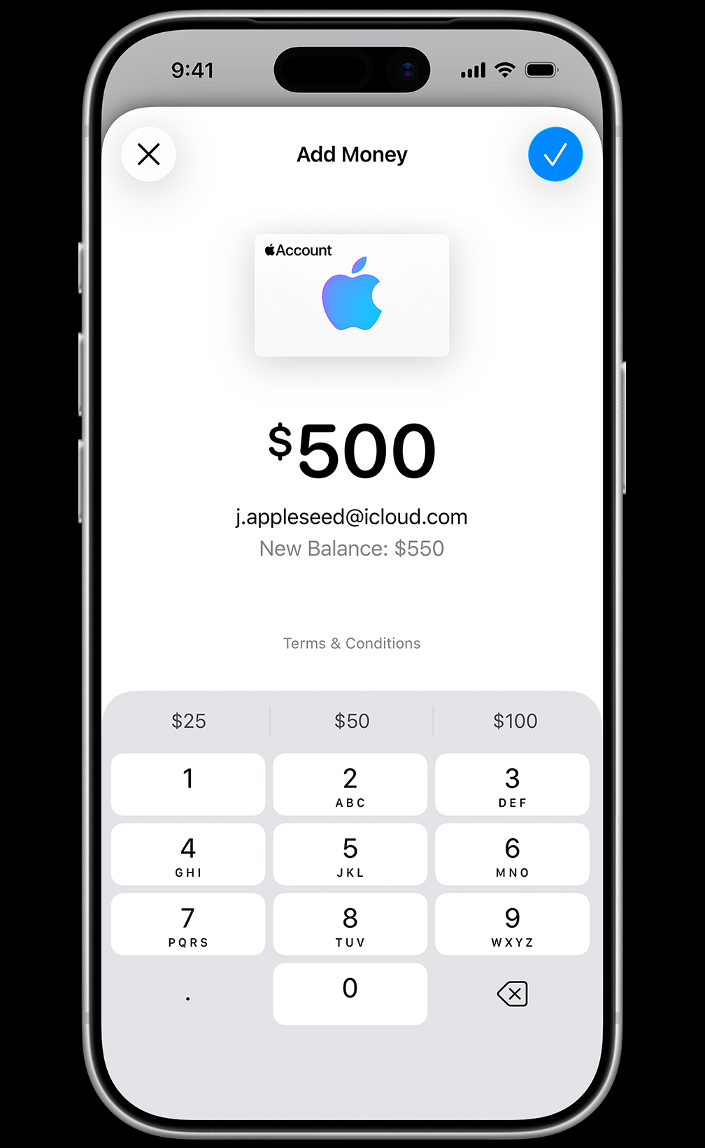 Add Money screen, text reads: All of Apple. At your fingertips. Select an amount to add to your account balance and use it to buy apps, games, music, products, accessories and more. Top-up amounts: $25, $50, $100, Other and Set Up Auto Reload. Balance of $10 for account j.appleseed@icloud.com. Terms and Conditions.