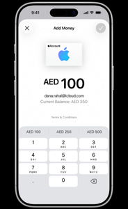 Wallet app active, Add Money screen, AED 100 to be added, New balance of AED 350 for account j.appleseed@icloud.com